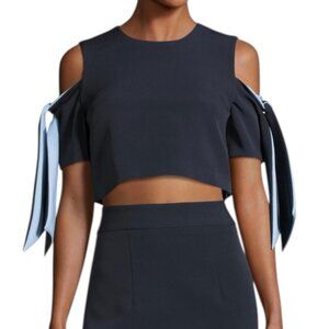 Milly Navy Cold Shoulder Bow Sleeve Cropped Top Sz 4 Structured Designer